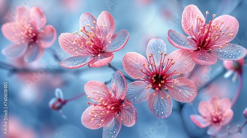  a bunch of pink flowers with drops of water on them, on a blue background with a blurry background.