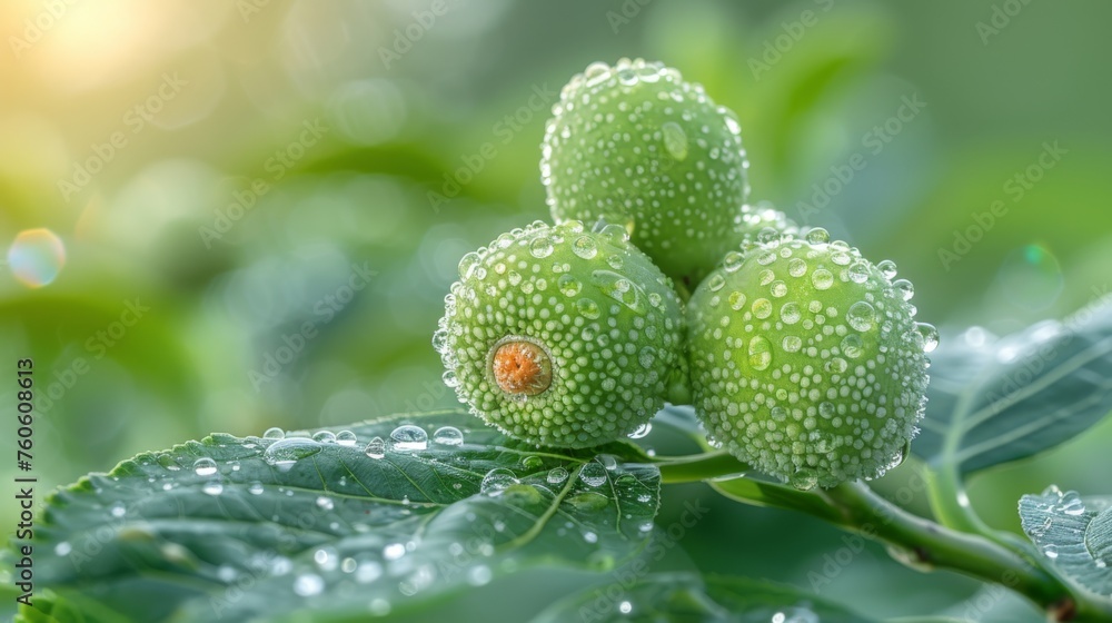 a close up of three green fruits on a branch with drops of water on them and a green leaf with green leaves in the background. a close up of three green fruits on a branch with drops of water on them and a green leaf with green leaves in the background.