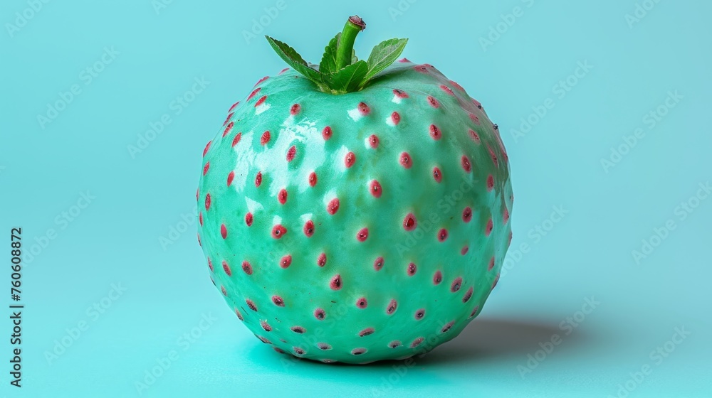 a close up of a green strawberry on a blue background with a green stem and a red spot on the top of the fruit. a close up of a green strawberry on a blue background with a green stem and a red spot on the top of the fruit.