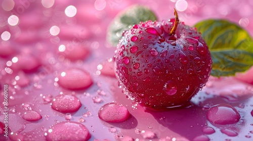  a red apple sitting on top of a table covered in drops of water next to a green leaf on top of a pink surface.