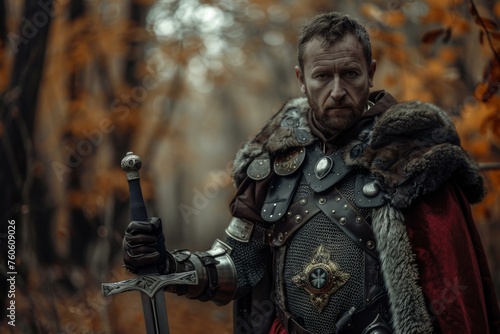 King Arthur in medieval armor stands with sword amidst an autumn forest photo