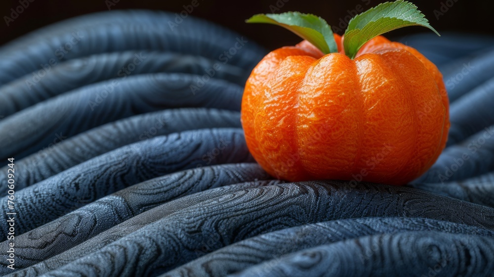  a close up of an orange with a leaf on it's top of a piece of cloth with a pattern on it. - obrazy, fototapety, plakaty 