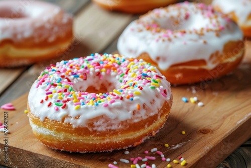Colorful sprinkled sour cream donut with sweet glaze and sugar on a wooden table