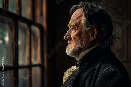 Portrait of a composer in historical costume gazing out a window in contemplative mood