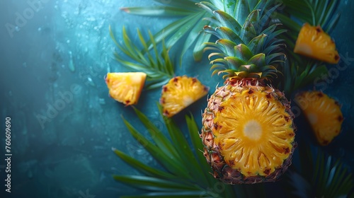  a pineapple cut in half sitting on top of a table next to a bunch of pineapple cut in half.