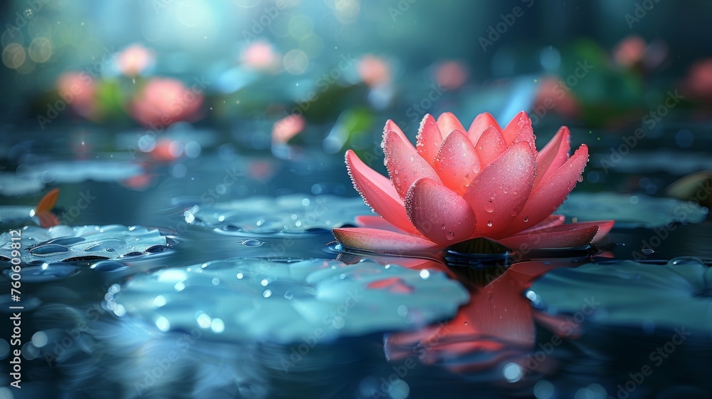  a pink water lily floating on top of a body of water with drops of water on the bottom of it.
