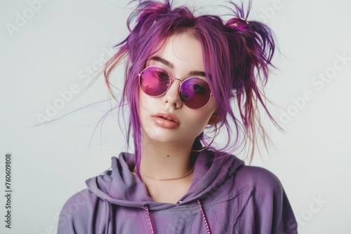A fashionable woman with purple hair and sunglasses and a purple hoodie. Perfect for fashion or urban lifestyle concepts