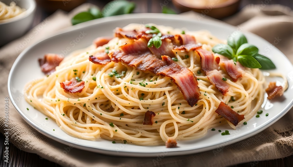 Spaghetti with carbonara sauce and bacon
Spaghetti with carbonara sauce and bacon