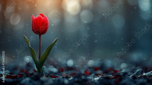  a single red tulip sitting in the middle of a field of grass with drops of water on the ground.