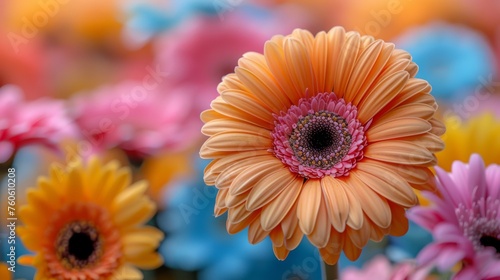  a close up of a flower with many colors of flowers in front of a blue  yellow  pink  and orange background.