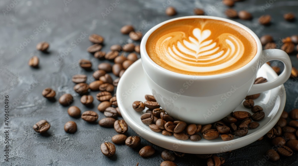 A cup of latte art coffee in a white cup with coffee beans on table. Closeup photo. A cup of latte art coffee in a white cup with coffee beans on table. Closeup photo.