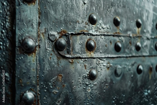 Detailed close up of a metal door with rivets. Suitable for industrial concepts