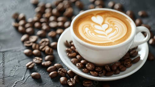 A cup of latte art coffee in a white cup with coffee beans on table. Closeup photo.