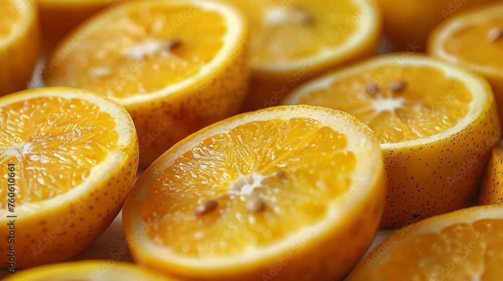 a pile of sliced oranges sitting on top of a white table next to a pile of other oranges. a pile of sliced oranges sitting on top of a white table next to a pile of other oranges.