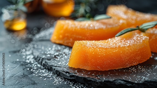  a close up of sliced oranges on a plate with a sprig of rosemary on top of them.