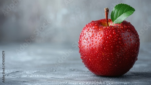  a close up of a red apple with a green leaf on it's tip and water droplets on the surface.