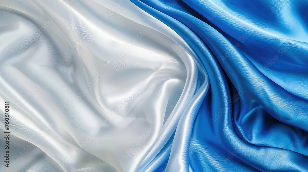 Obraz premium Abstract blue white luxury fabric wave background with copy space. Smooth liquid wave. Elegant shiny silk satin texture. Suit for wallpaper, cover, header, desktop, web, flyer.