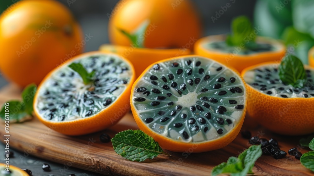a group of oranges cut in half on a cutting board with mint leaves and oranges in the background. a group of oranges cut in half on a cutting board with mint leaves and oranges in the background.
