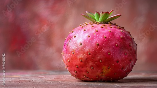  a close up of a strawberry on a table with a blurry back ground and a red wall in the background.