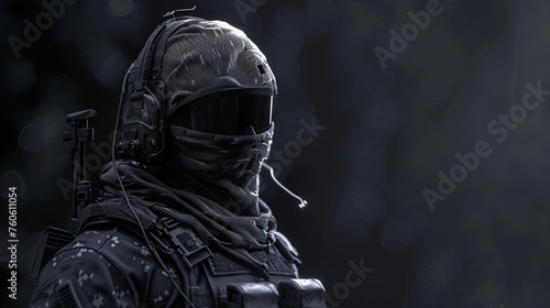 Special forces in parametric knitted tactical gear. The face is not shown and from the side view. photo