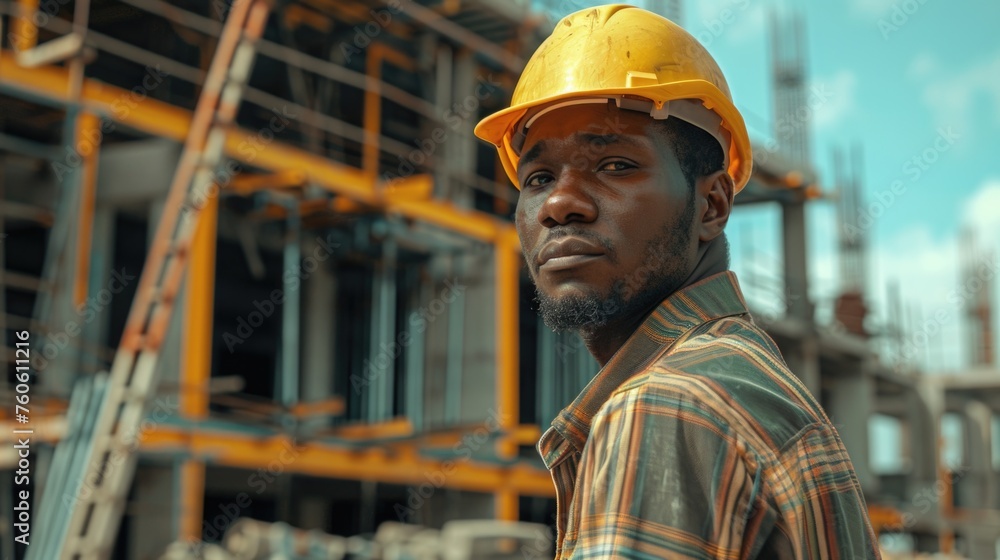 A man wearing a hard hat standing in front of a construction site. Suitable for construction industry concepts A man wearing a hard hat standing in front of a construction site. Suitable for construction industry concepts