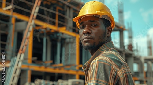 A man wearing a hard hat standing in front of a construction site. Suitable for construction industry concepts