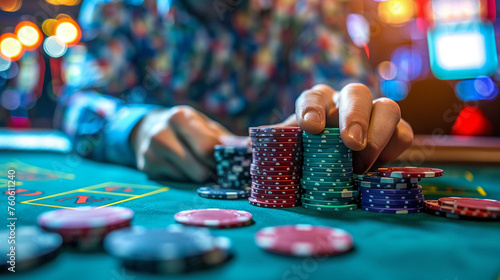 A close-up of a mans hands expertly shuffling a deck of cards at a poker table