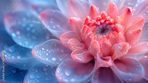  a close up of a pink flower with drops of water on it and the center of it's petals.