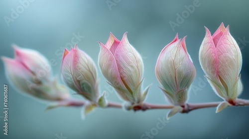  a close up of a flower budding on a twig with a blurry background of the budding.