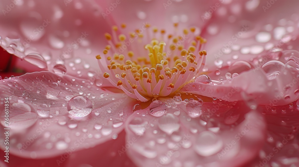 a close up of a pink flower with drops of water on the petals and the center of the flower with drops of water on the petals. a close up of a pink flower with drops of water on the petals and the center of the flower with drops of water on the petals.