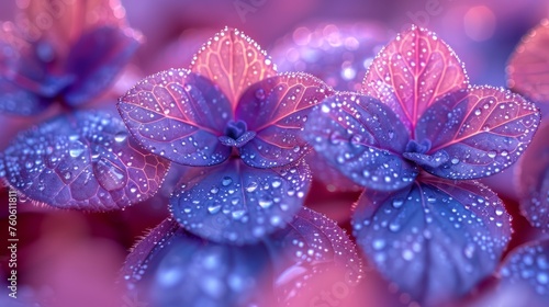  a close up of some purple flowers with water droplets on the petals and the petals on the petals are pink and blue.