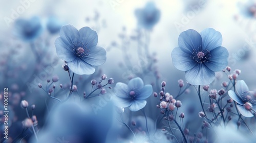  a bunch of blue flowers that are in some kind of blurry photo with a blue sky in the background. © Jevjenijs