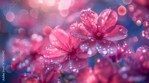  a close up of a bunch of pink flowers with drops of water on the petals and on the petals of the flowers.