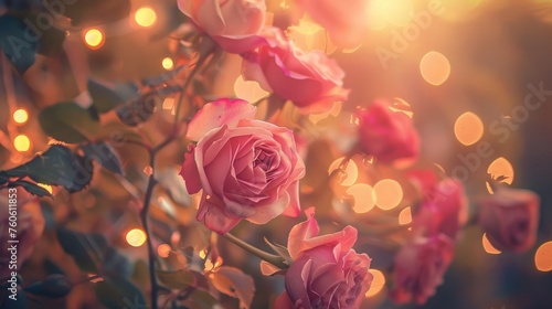 Beautiful Pink Roses with lights.Vintage style photo and filtered process.