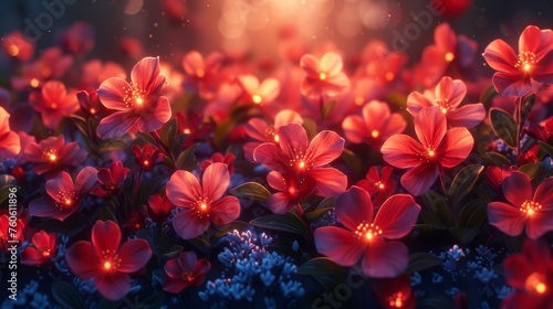  a close up of a bunch of flowers with a bright light in the middle of the picture in the background.