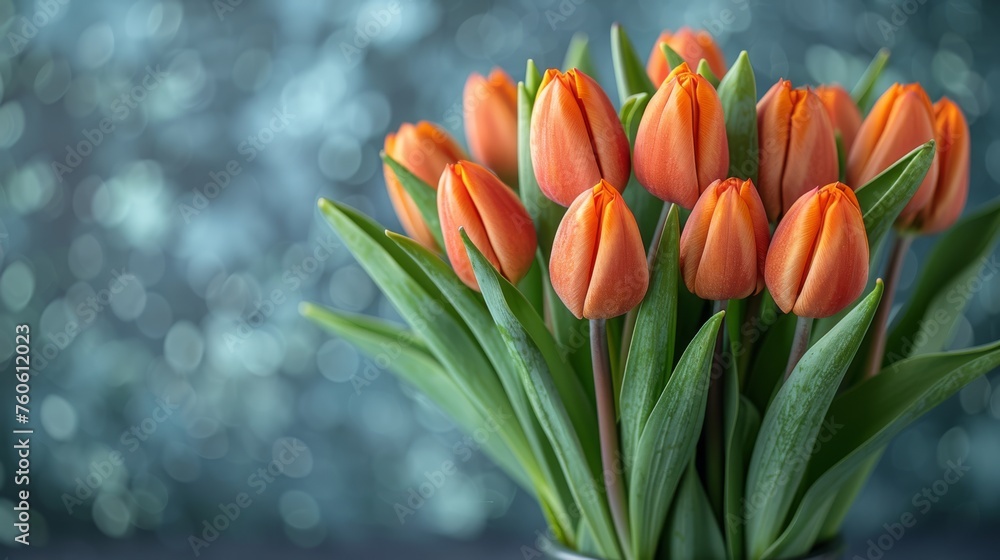  a close up of a bunch of orange tulips in a glass vase with water in the back ground.