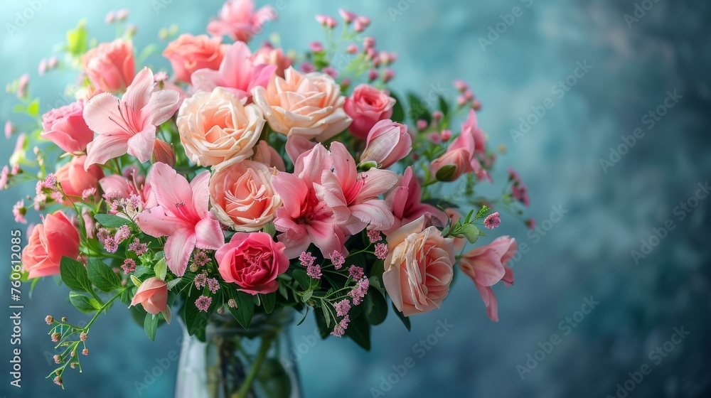 a vase filled with pink and white flowers on a blue table cloth covered tablecloth and a blue wall behind the vase is a vase with pink and white flowers in it. a vase filled with pink and white flowers on a blue table cloth covered tablecloth and a blue wall behind the vase is a vase with pink and white flowers in it.