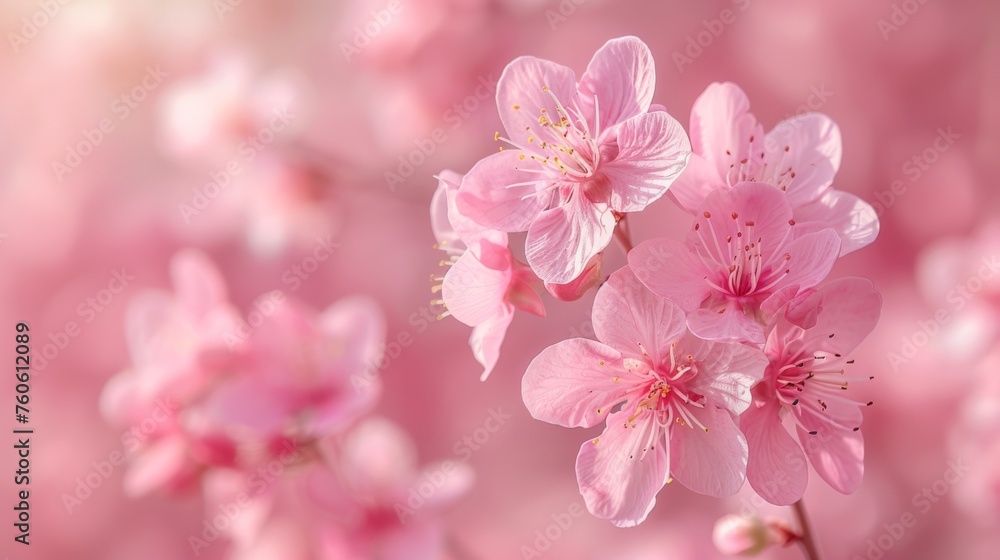  a close up of a pink flower on a branch with other flowers in the background and a blurry background.
