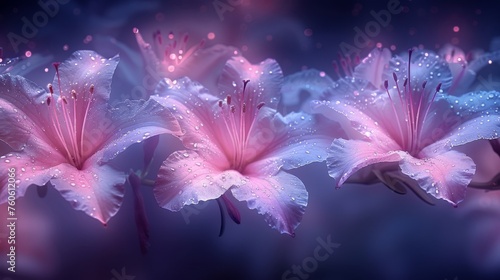  a group of pink flowers with drops of water on them and a blue background with pink flowers in the foreground.