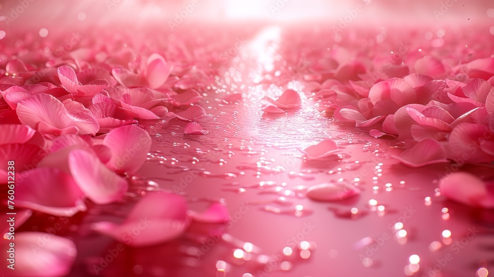 a bunch of pink flowers that are on the ground with water droplets on the ground and a bright light in the background. a bunch of pink flowers that are on the ground with water droplets on the ground and a bright light in the background.