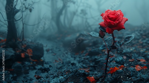  a single red rose sitting in the middle of a forest filled with leafy plants and dead trees on a foggy day.