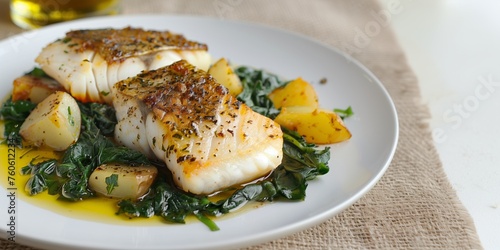 Cod with potatoes and greens with lots of olive oil. Typical Mediterranean food from Portugal
