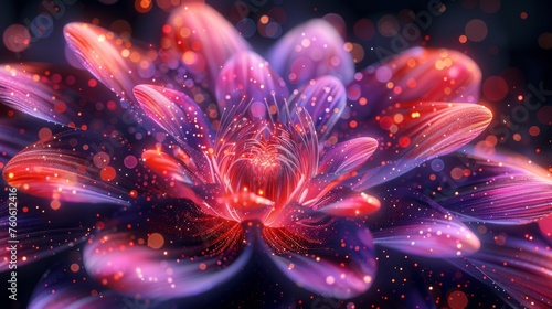  a close up of a purple flower on a black background with red and pink lights in the middle of the petals.