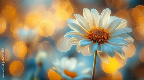  a close up of a white flower with a blurry background of blue and yellow flowers in the foreground.