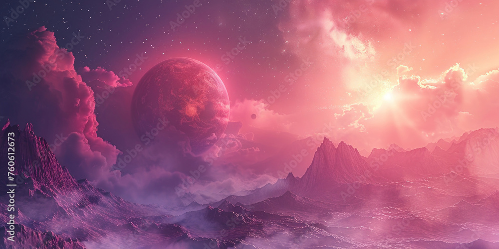 Fantastical Alien Planet with Dramatic Skies, Majestic Mountains, and Radiant Sun in Distance