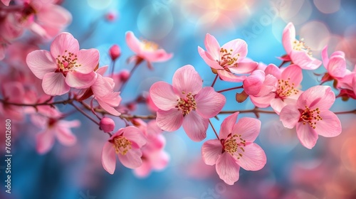  pink flowers are blooming on a branch in front of a blue and pink boke - boke background. © Jevjenijs