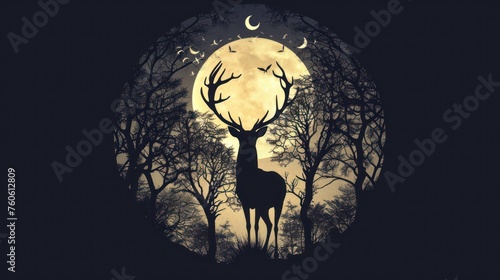 Silhouette deer in the forest on a yellow moon background.