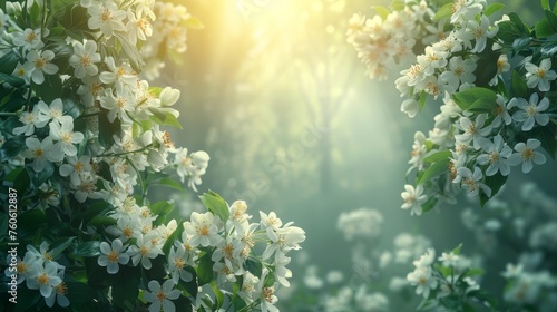  a bunch of white flowers are blooming on a tree branch in the sunbeams of a sunny day.