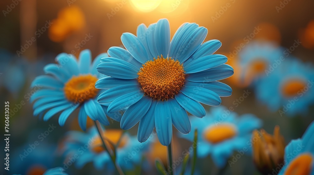  a blue flower with a yellow center in a field of blue and yellow flowers with the sun in the background.