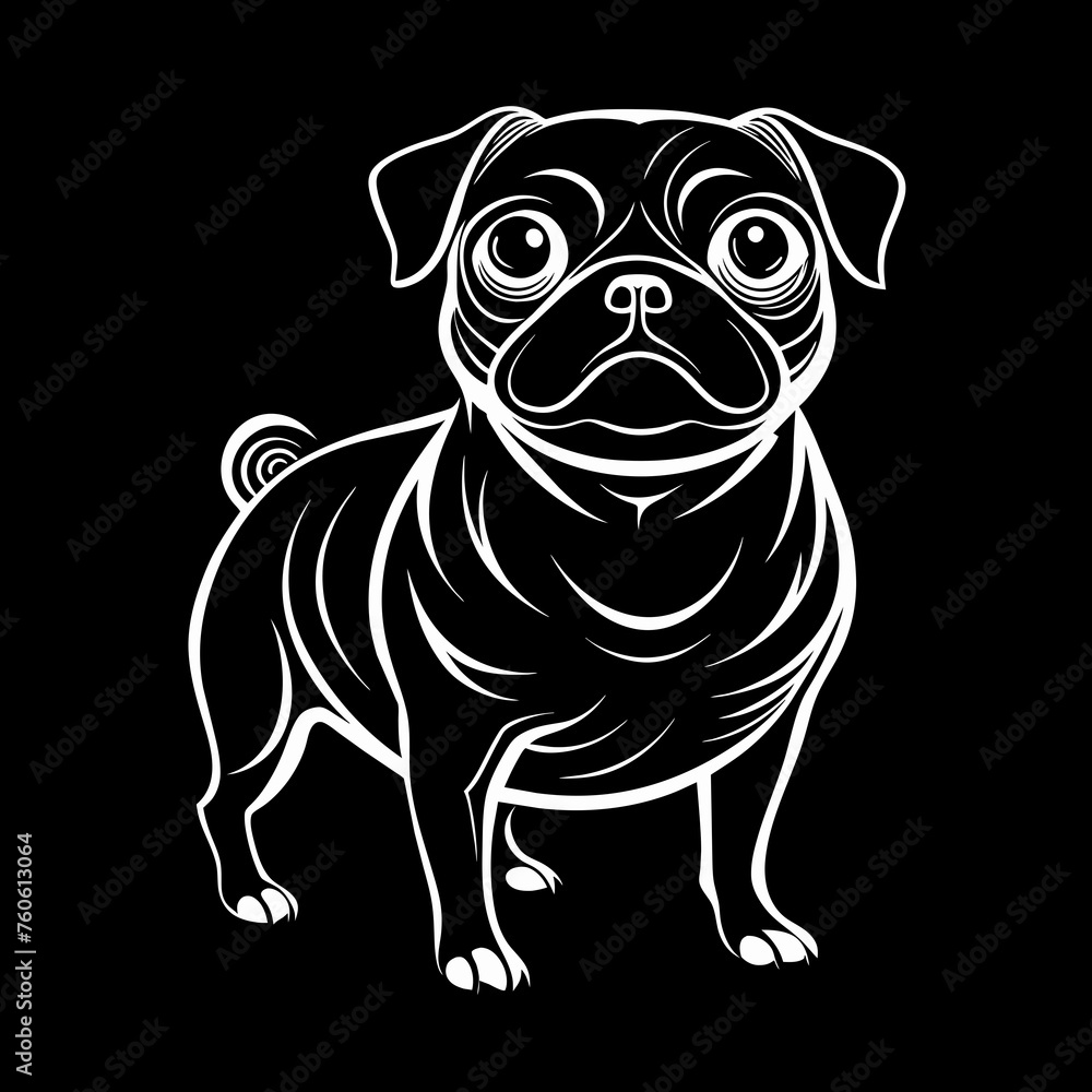 Vector pug dog A cute cartoon pug dog with a wrinkly face sits alone on a white background